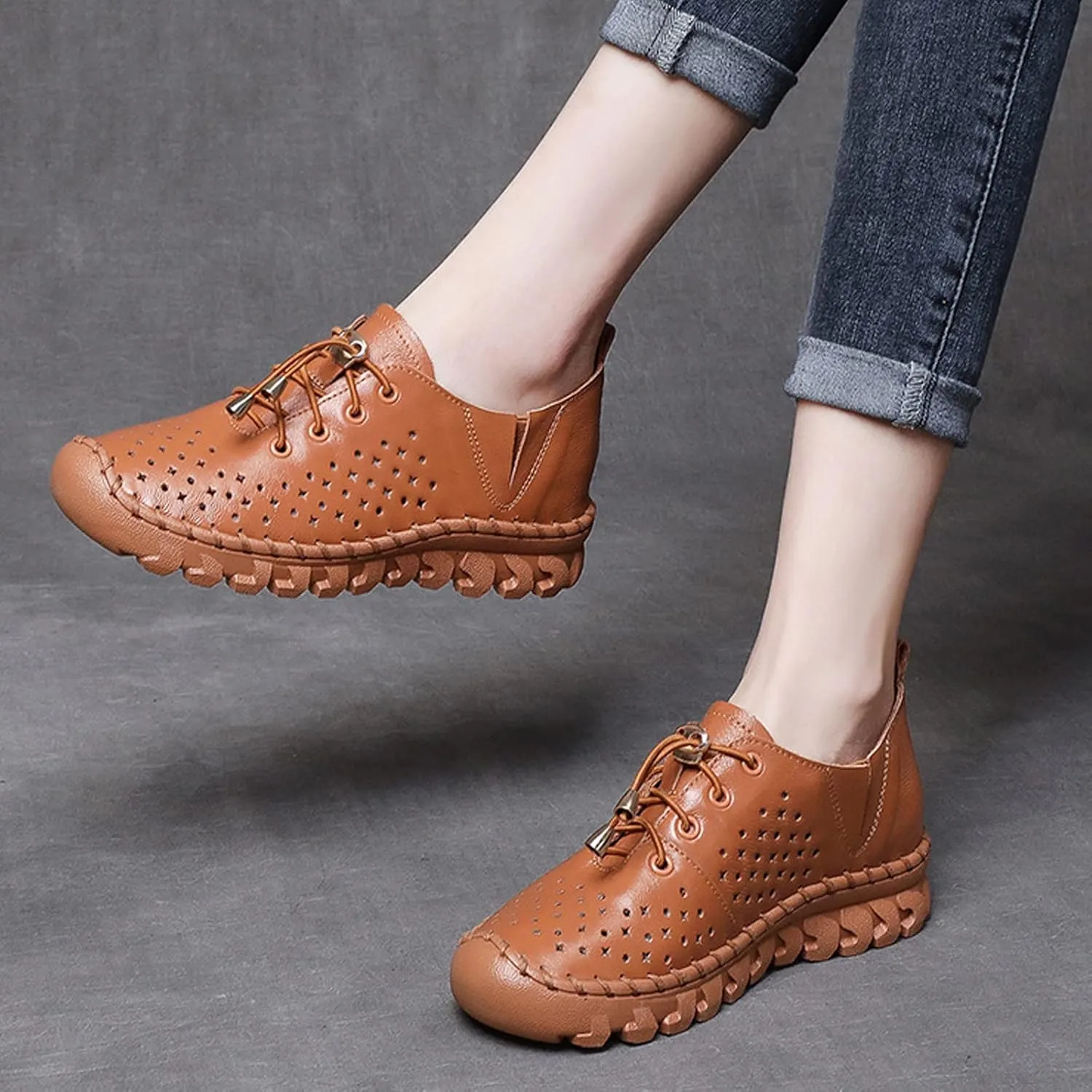 WENOREG Women's Soft Leather Lace-Up Hollow Out Loafers,Slip-on Flat Orthopedic Sneakers,Fashion Breathable Hand-Stitching Moccasins Mom Non-Slip Comfort Walking Casual Shoes