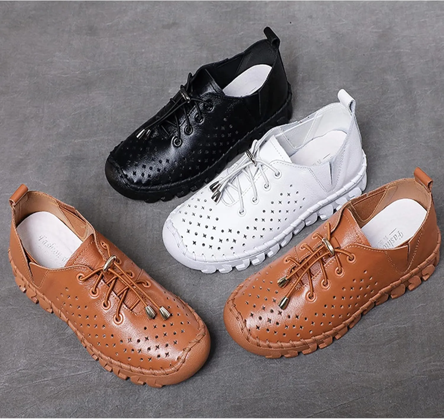 WENOREG Women's Soft Leather Lace-Up Hollow Out Loafers,Slip-on Flat Orthopedic Sneakers,Fashion Breathable Hand-Stitching Moccasins Mom Non-Slip Comfort Walking Casual Shoes