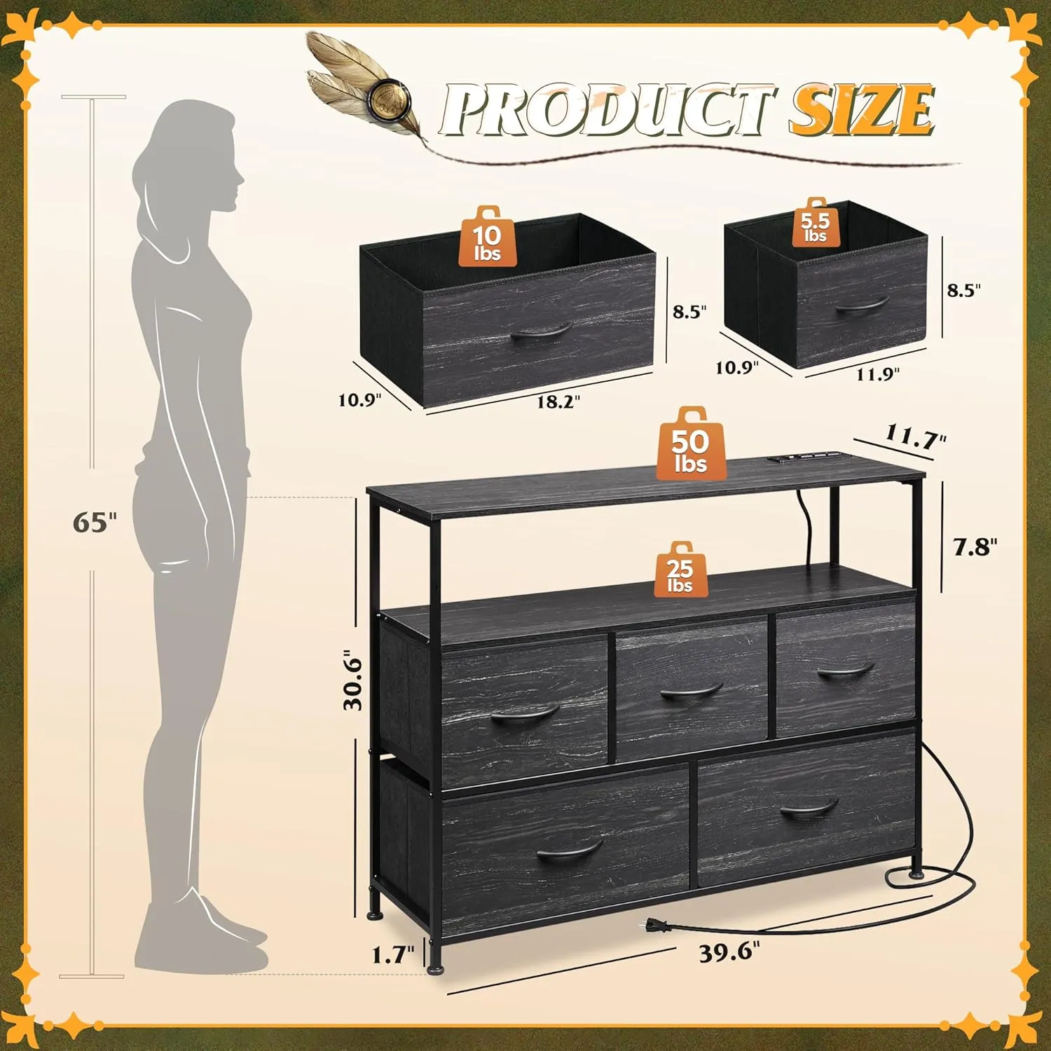 WLIVE Dresser for Bedroom, 5 Drawer Dressers with Charging Station, Fabric Chest of Drawers with Open Shelves, Storage Dresser for Living Room, Closet, Entryway, Charcoal Black Wood Grain Printt