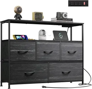 WLIVE Dresser for Bedroom, 5 Drawer Dressers with Charging Station, Fabric Chest of Drawers with Open Shelves, Storage Dresser for Living Room, Closet, Entryway, Charcoal Black Wood Grain Printt