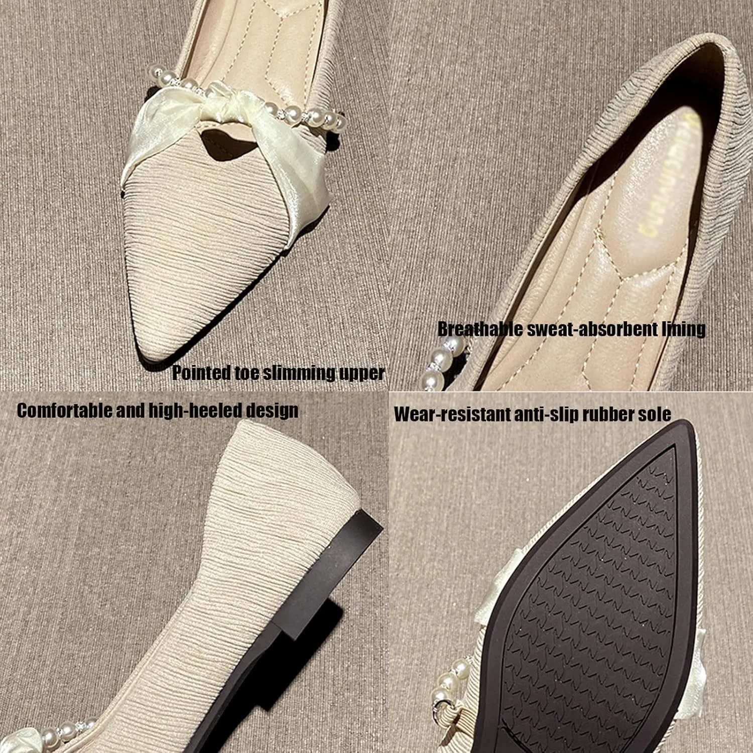 Women Pointed Toe Pearl Slip-on Flat Loafers,Comfortable Ribbon Bow Closed Toe Ballet Flats Cute Low Heel Work Dress Loafers