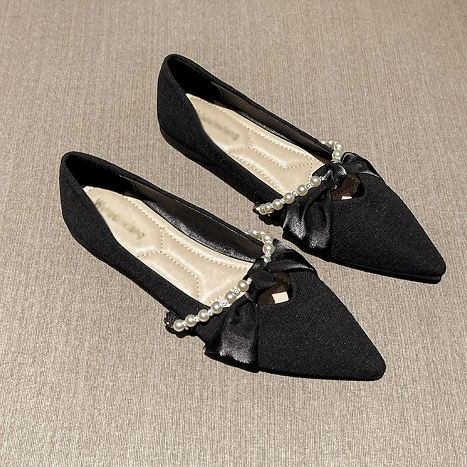 Women Pointed Toe Pearl Slip-on Flat Loafers,Comfortable Ribbon Bow Closed Toe Ballet Flats Cute Low Heel Work Dress Loafers