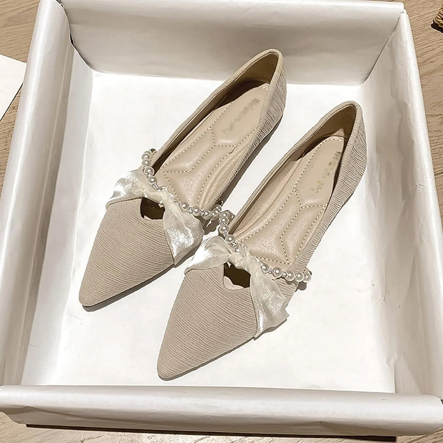 Women Pointed Toe Pearl Slip-on Flat Loafers,Comfortable Ribbon Bow Closed Toe Ballet Flats Cute Low Heel Work Dress Loafers