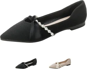Women Pointed Toe Pearl Slip-on Flat Loafers,Comfortable Ribbon Bow Closed Toe Ballet Flats Cute Low Heel Work Dress Loafers