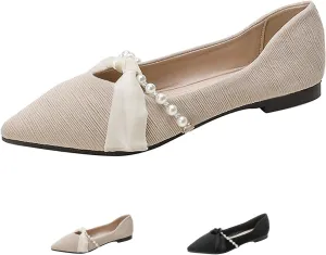 Women Pointed Toe Pearl Slip-on Flat Loafers,Comfortable Ribbon Bow Closed Toe Ballet Flats Cute Low Heel Work Dress Loafers
