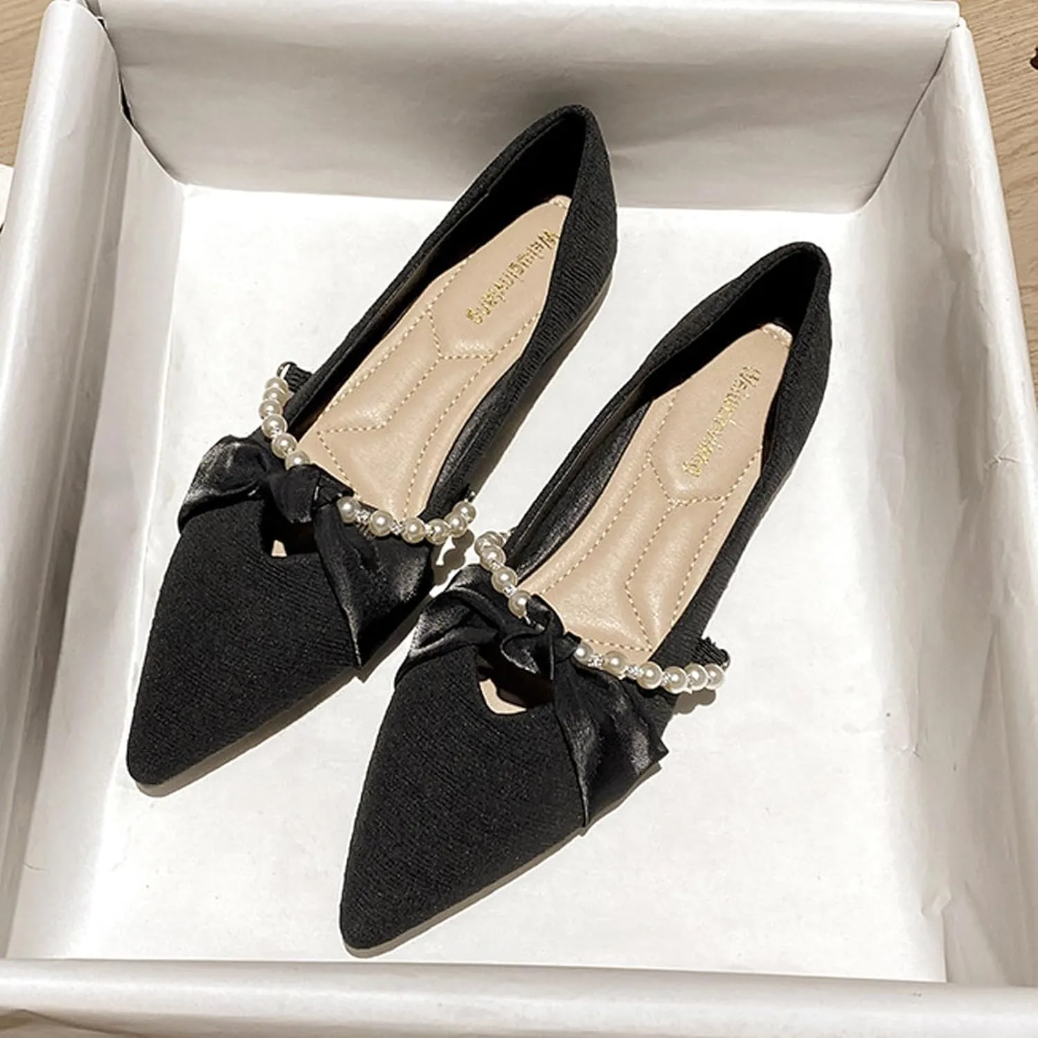 Women Pointed Toe Pearl Slip-on Flat Loafers,Comfortable Ribbon Bow Closed Toe Ballet Flats Cute Low Heel Work Dress Loafers