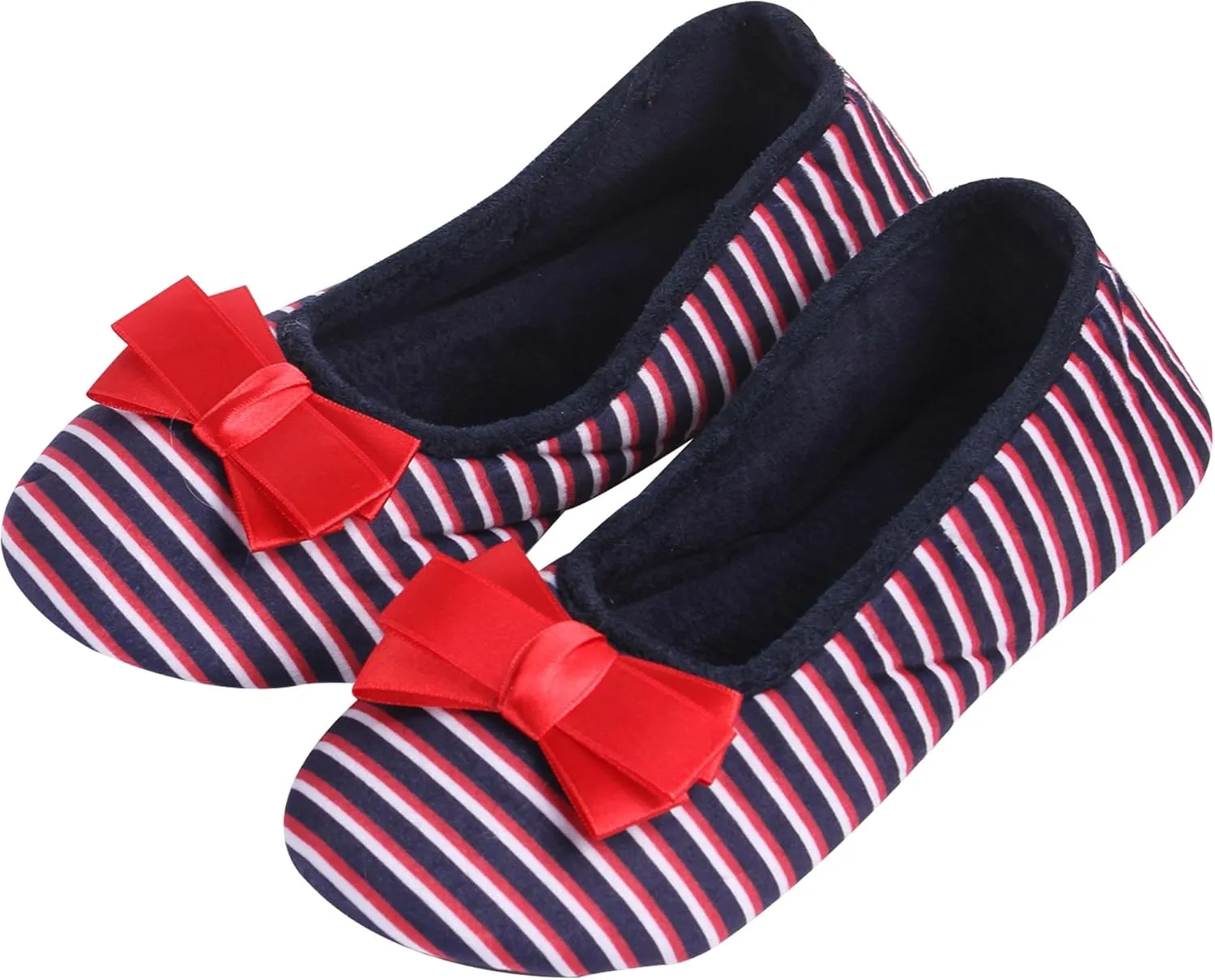 Women's Ballerina Slippers, Lightweight Slip-On Washable, Fuzzy, Indoor Shoes with Bow Accent - Perfect for Travel, Bedroom, and House