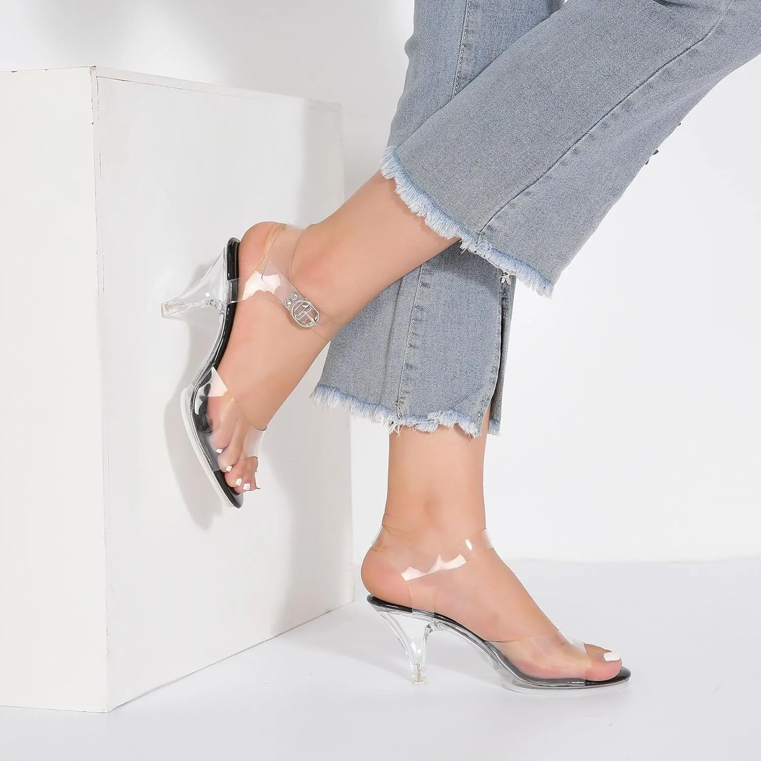 Women’s Clear Heels Pointed Toe Ankle Strap Block Stiletto Heels Wedding Party Dress Sandals