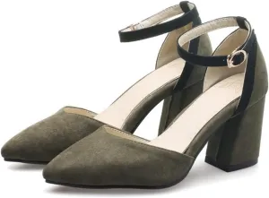 Women's Closed Pointed Toe Sandals Ankle Strap Pumps Faux Suede Fashion Chunky High Heel Dress Shoes