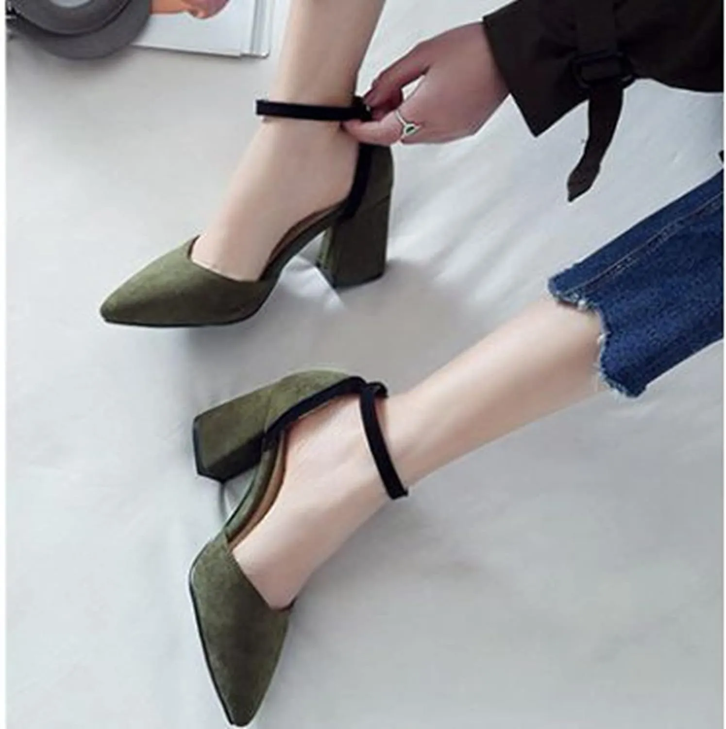 Women's Closed Pointed Toe Sandals Ankle Strap Pumps Faux Suede Fashion Chunky High Heel Dress Shoes