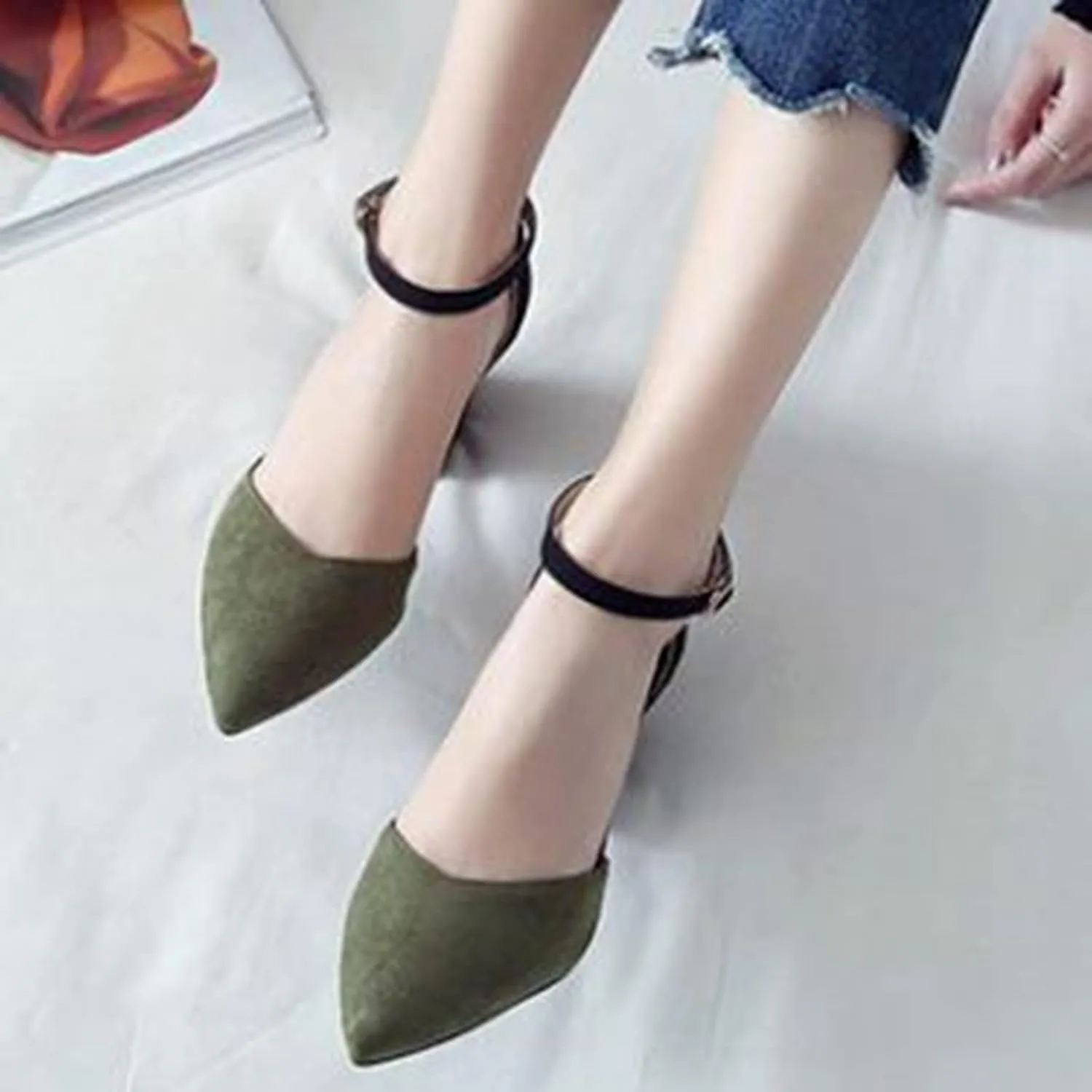 Women's Closed Pointed Toe Sandals Ankle Strap Pumps Faux Suede Fashion Chunky High Heel Dress Shoes