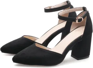 Women's Closed Pointed Toe Sandals Ankle Strap Pumps Faux Suede Fashion Chunky High Heel Dress Shoes