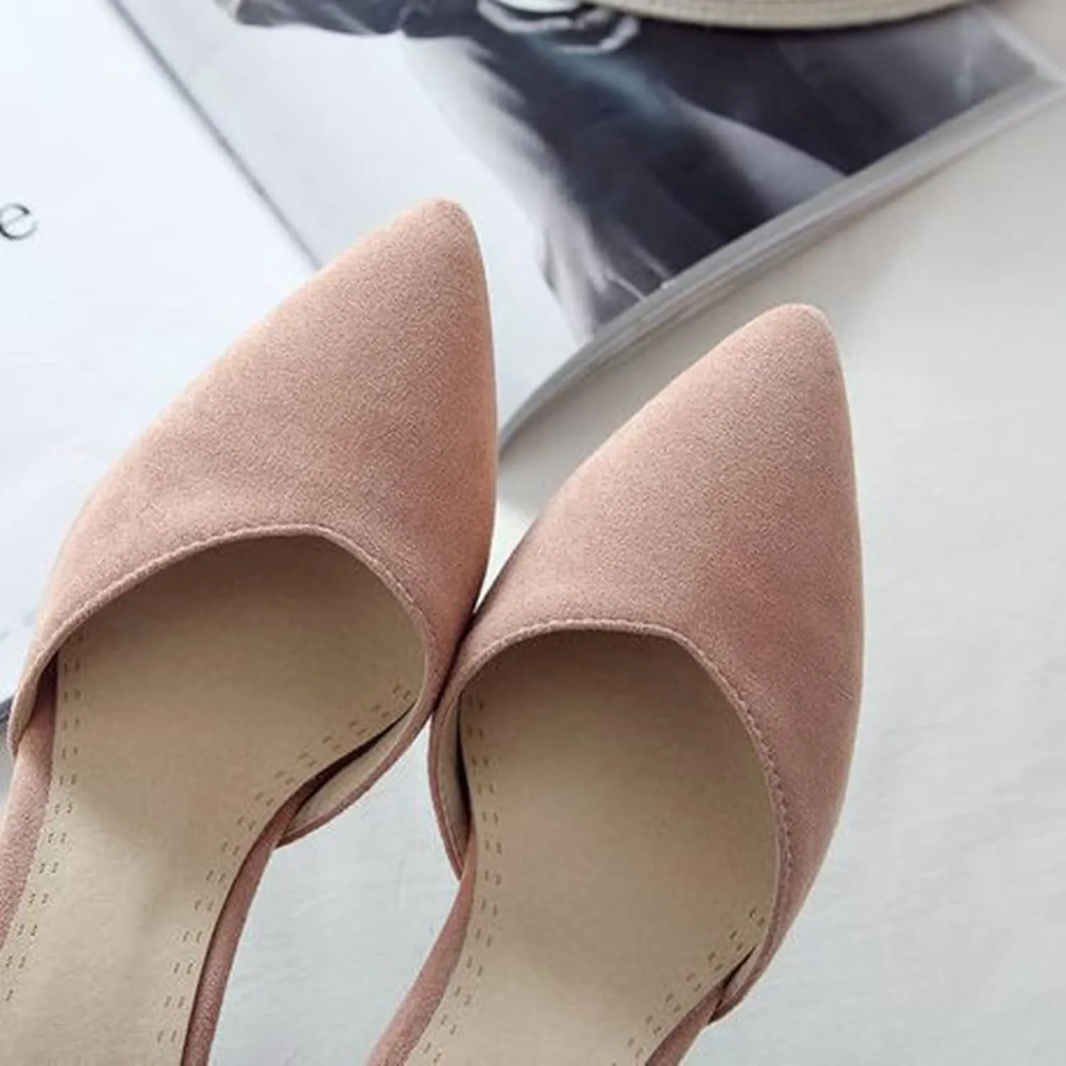 Women's Closed Pointed Toe Sandals Ankle Strap Pumps Faux Suede Fashion Chunky High Heel Dress Shoes