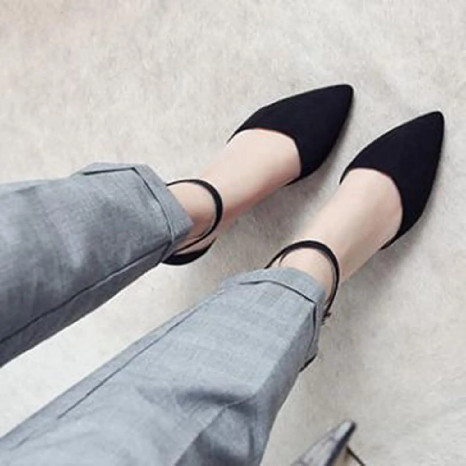 Women's Closed Pointed Toe Sandals Ankle Strap Pumps Faux Suede Fashion Chunky High Heel Dress Shoes