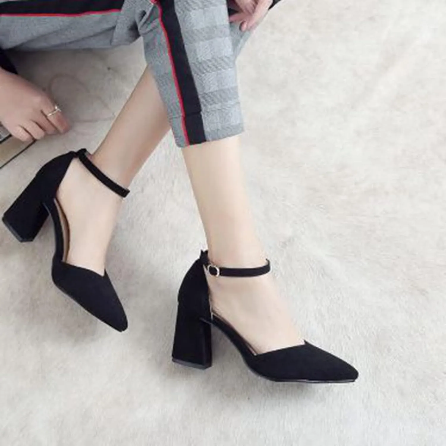 Women's Closed Pointed Toe Sandals Ankle Strap Pumps Faux Suede Fashion Chunky High Heel Dress Shoes