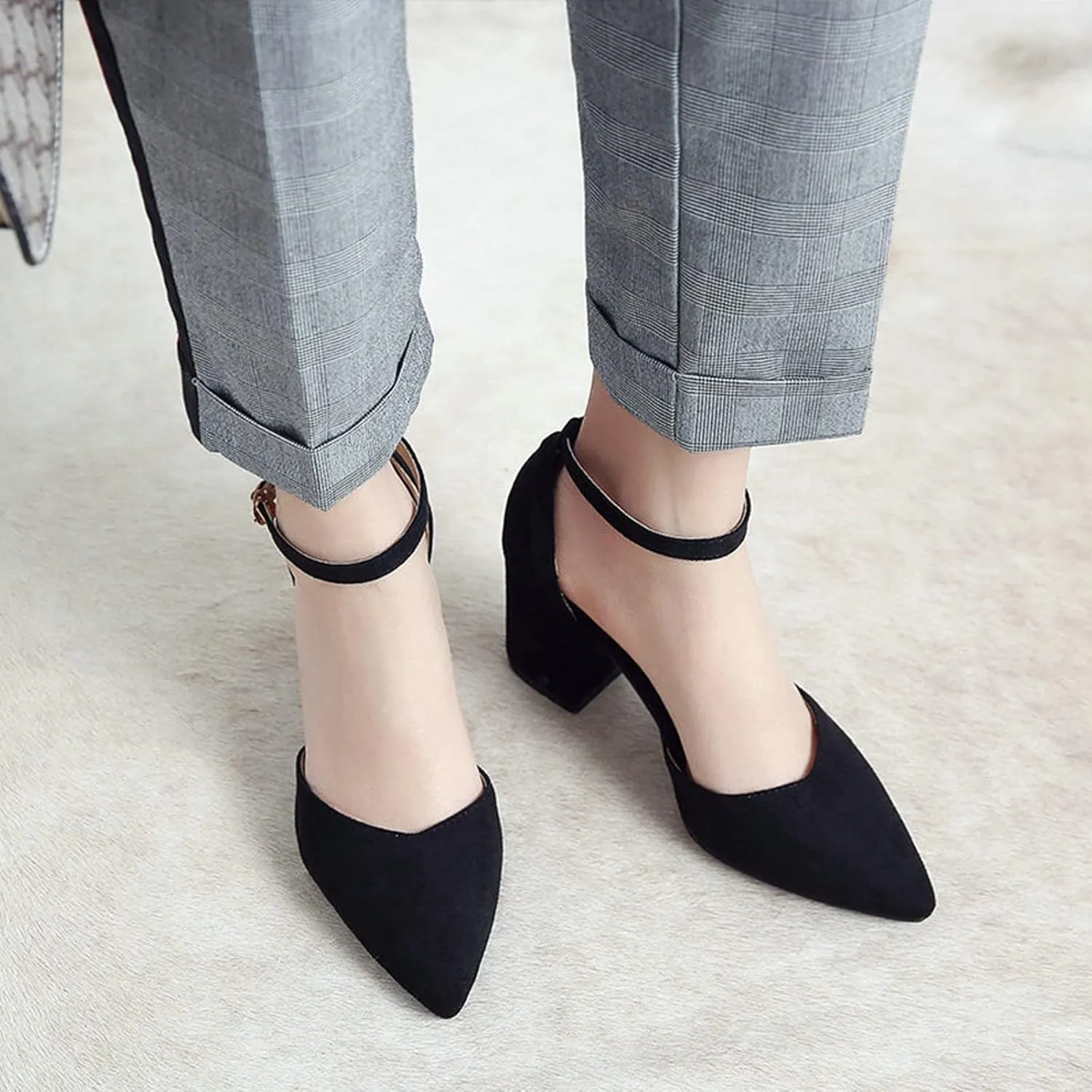 Women's Closed Pointed Toe Sandals Ankle Strap Pumps Faux Suede Fashion Chunky High Heel Dress Shoes