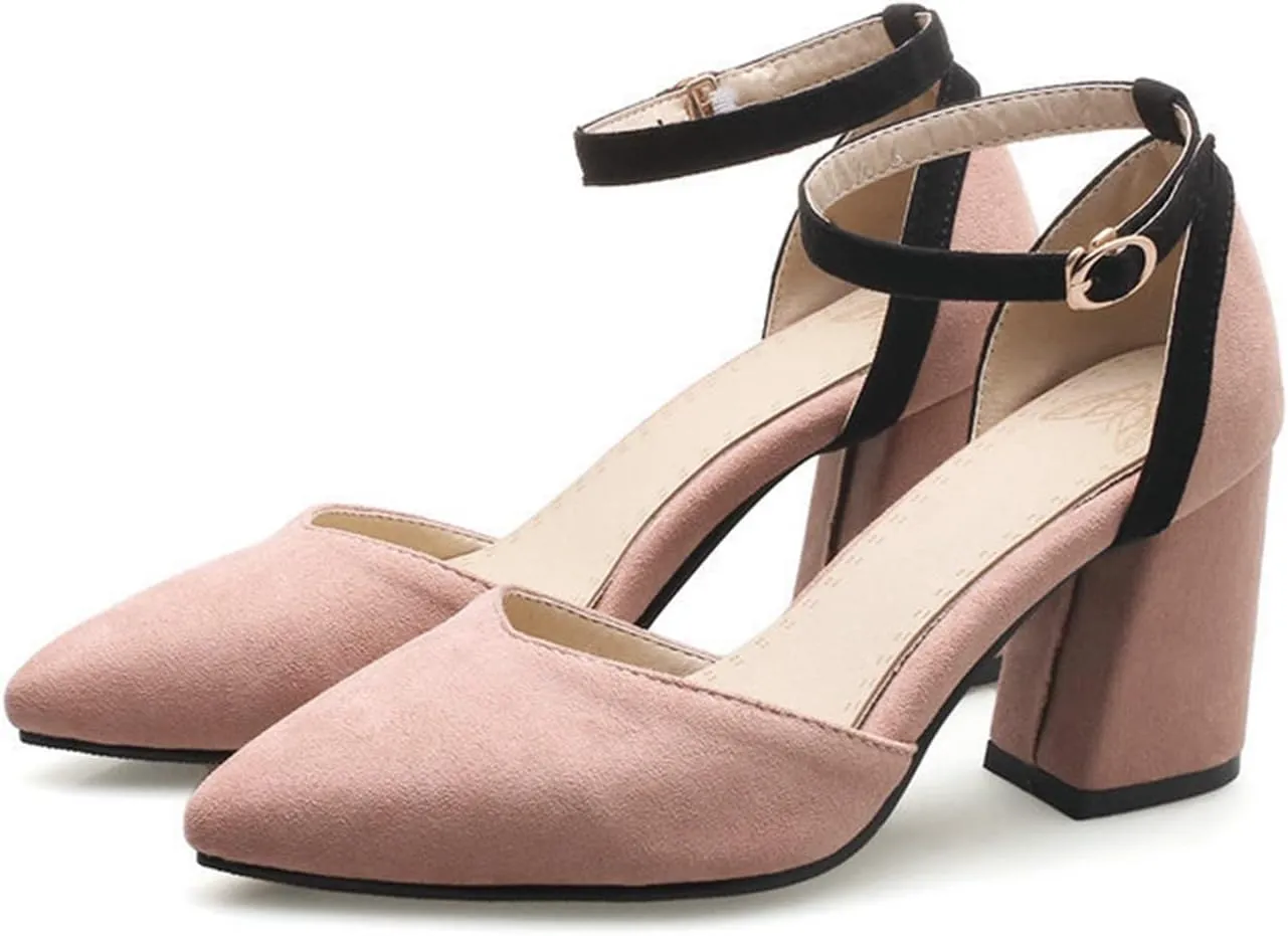 Women's Closed Pointed Toe Sandals Ankle Strap Pumps Faux Suede Fashion Chunky High Heel Dress Shoes