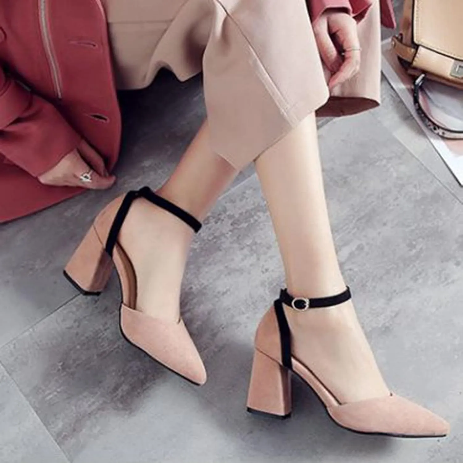 Women's Closed Pointed Toe Sandals Ankle Strap Pumps Faux Suede Fashion Chunky High Heel Dress Shoes