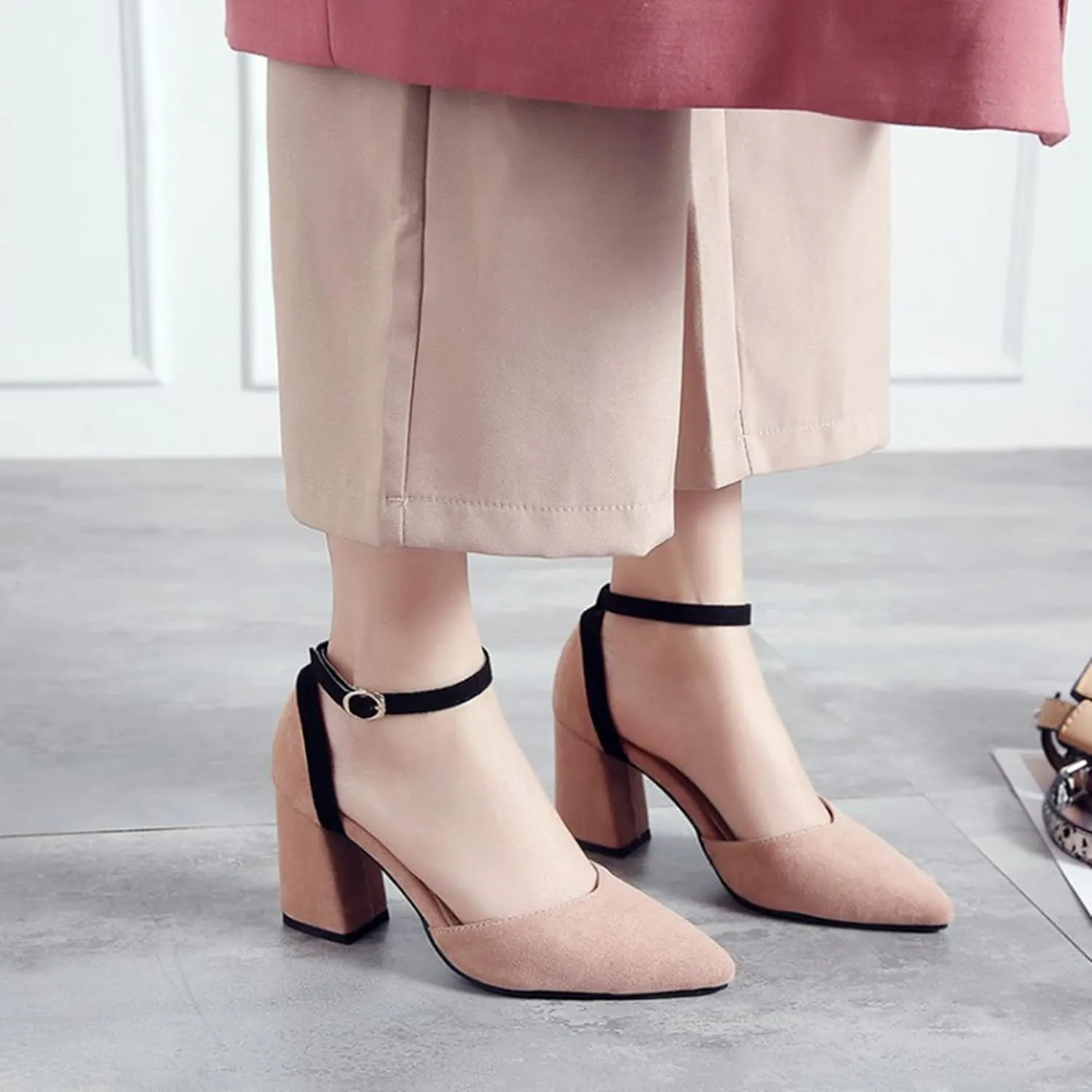 Women's Closed Pointed Toe Sandals Ankle Strap Pumps Faux Suede Fashion Chunky High Heel Dress Shoes