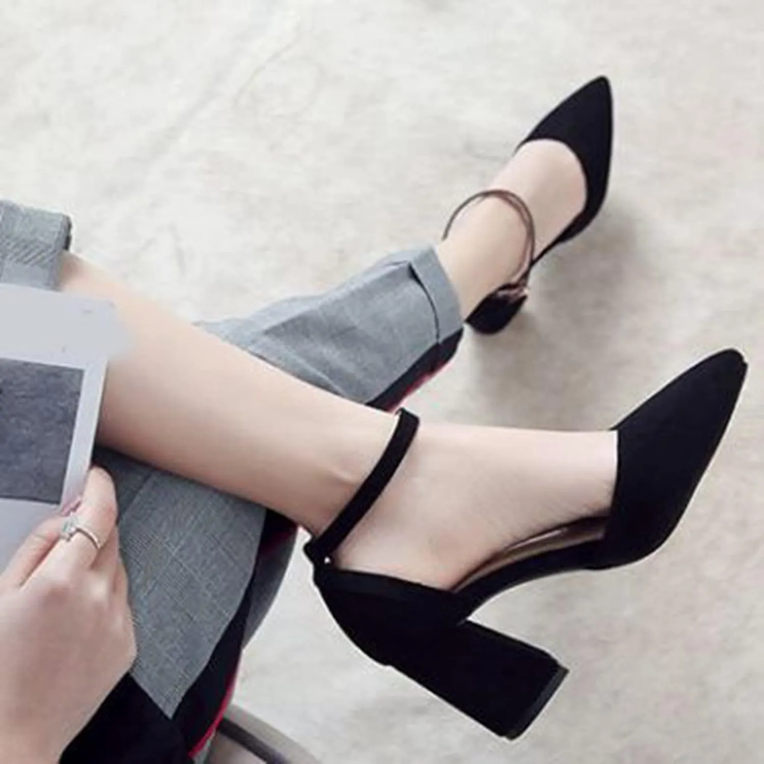 Women's Closed Pointed Toe Sandals Ankle Strap Pumps Faux Suede Fashion Chunky High Heel Dress Shoes