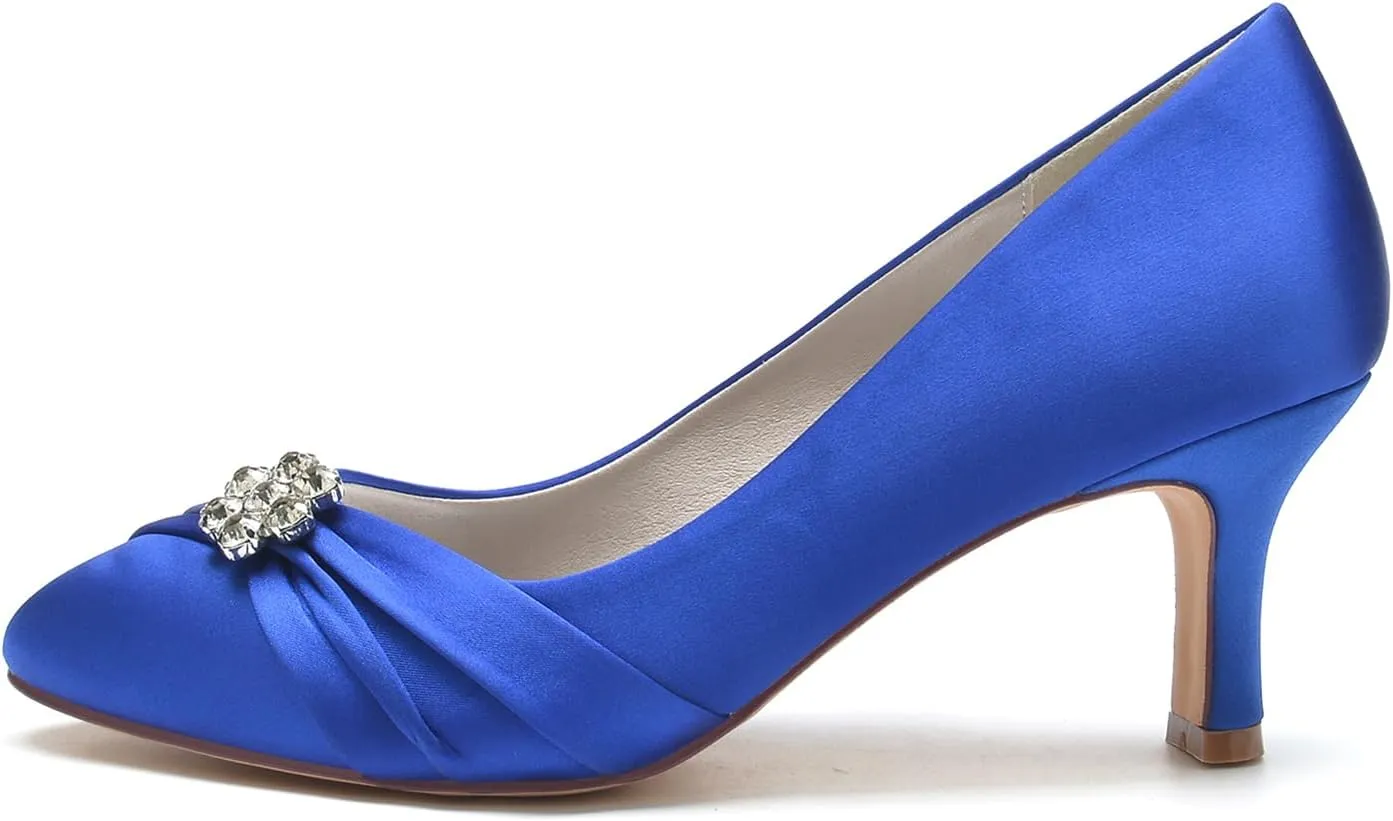 Women's Closed Toe Bridal Shoe Pump Slip-on Mid Heel Party Wedding Dress Shoes Satin with Rhinestone Wedding Shoes