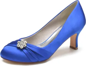 Women's Closed Toe Bridal Shoe Pump Slip-on Mid Heel Party Wedding Dress Shoes Satin with Rhinestone Wedding Shoes