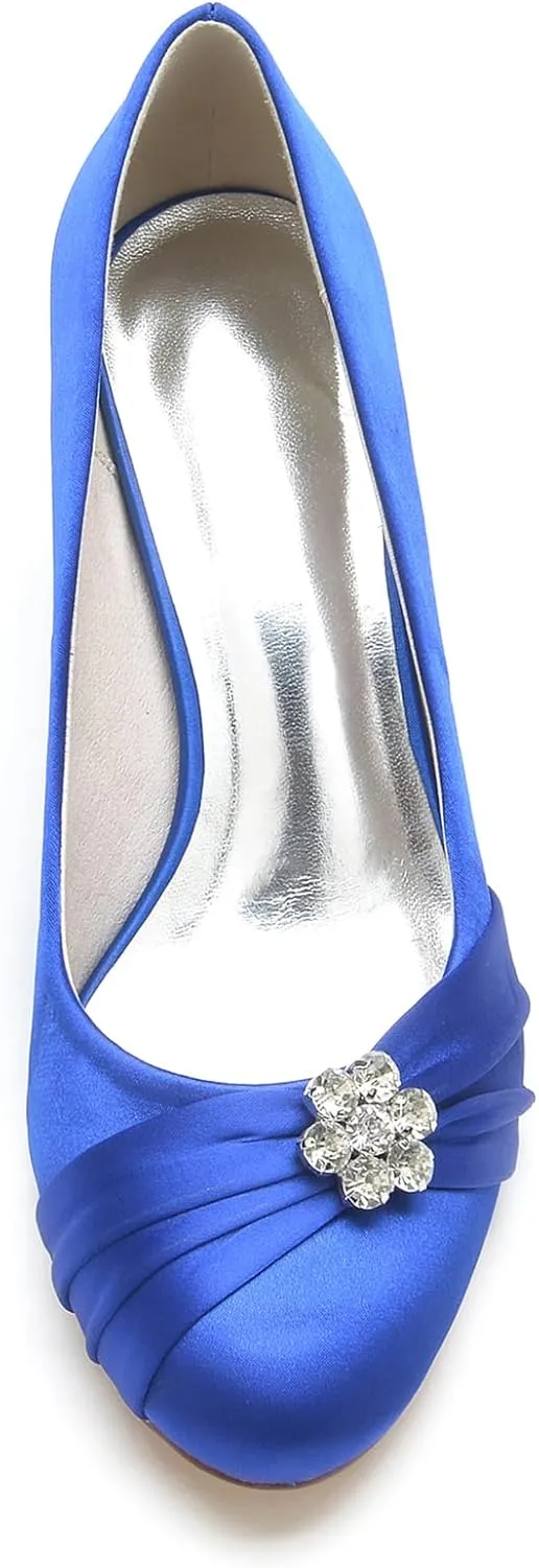 Women's Closed Toe Bridal Shoe Pump Slip-on Mid Heel Party Wedding Dress Shoes Satin with Rhinestone Wedding Shoes