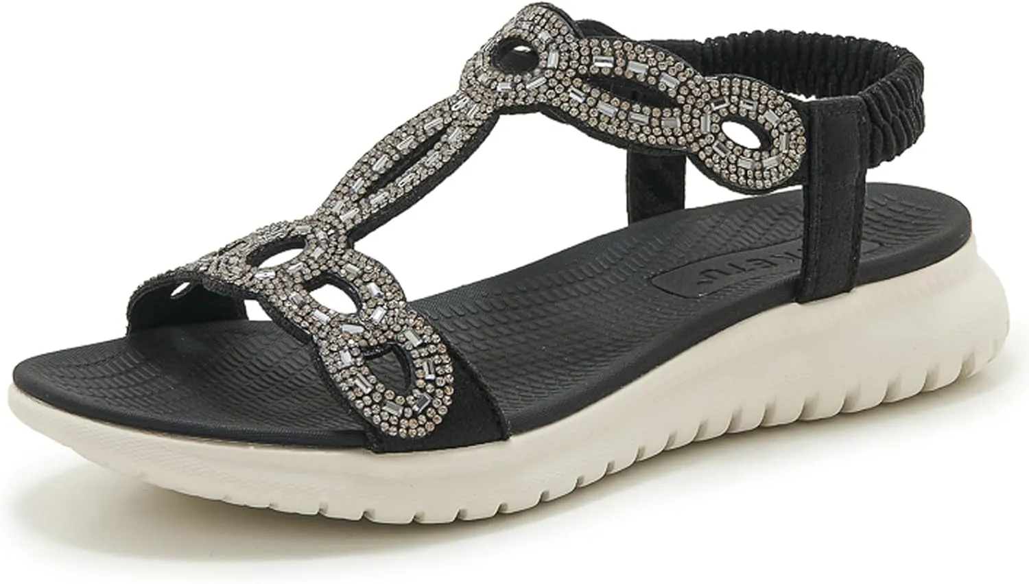 Women's Dressy Rhinestone Open Toe Flat Sandals Lightweight Comfortable Slip On Walking Orthopedic Sandals with Elastic Ankle Strap Summer Casual Bohemian Beach Slides