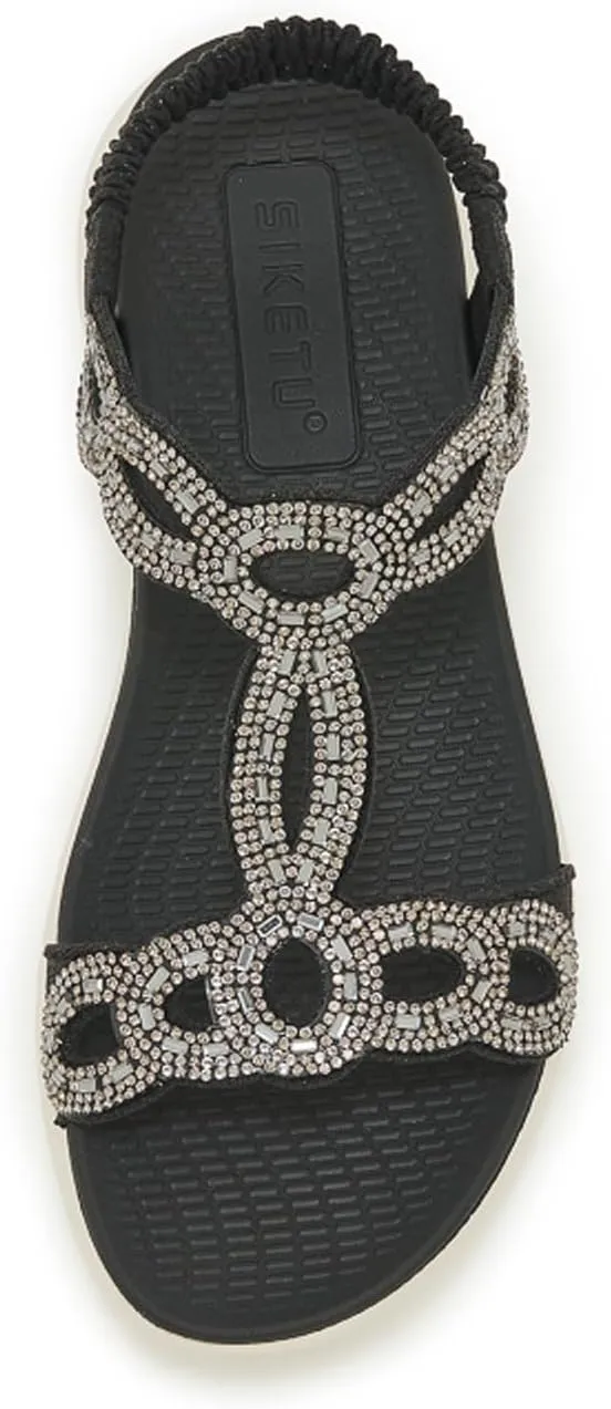 Women's Dressy Rhinestone Open Toe Flat Sandals Lightweight Comfortable Slip On Walking Orthopedic Sandals with Elastic Ankle Strap Summer Casual Bohemian Beach Slides