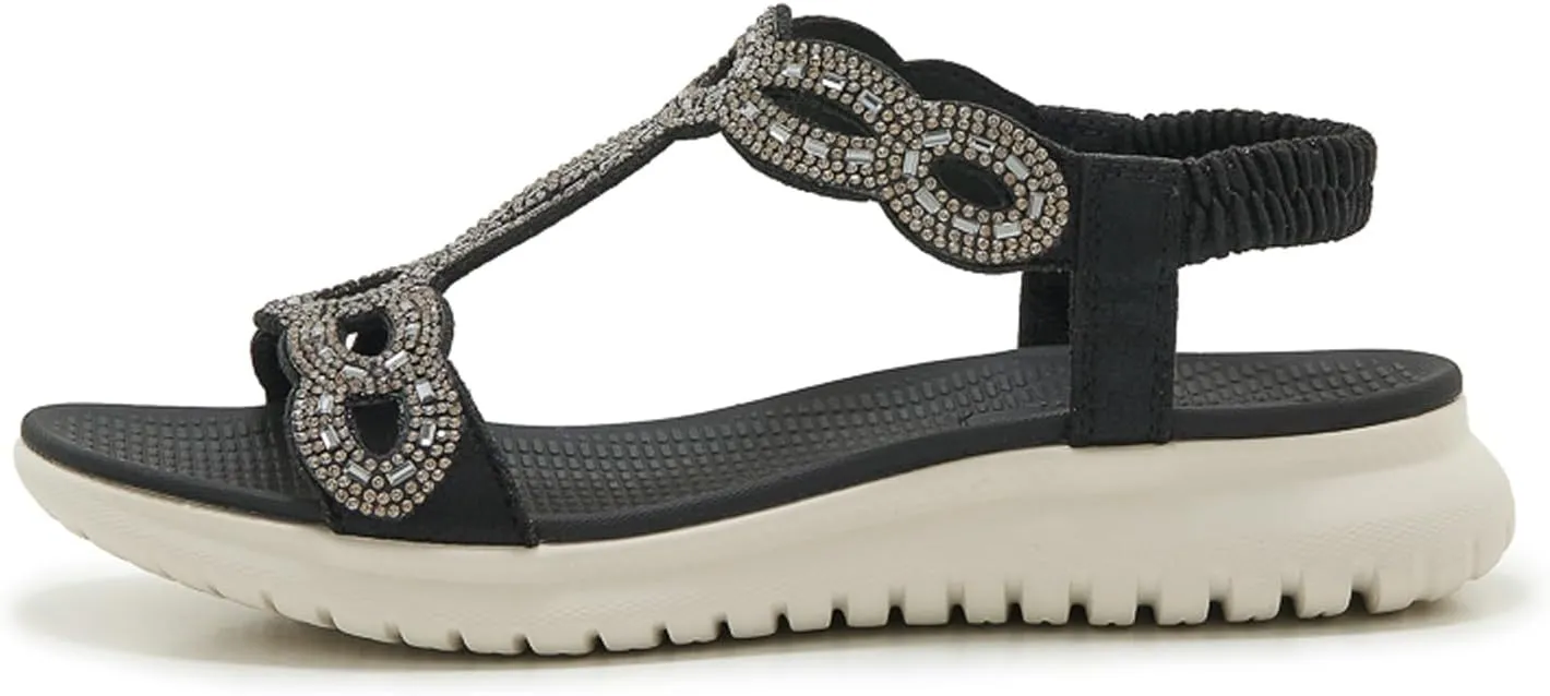 Women's Dressy Rhinestone Open Toe Flat Sandals Lightweight Comfortable Slip On Walking Orthopedic Sandals with Elastic Ankle Strap Summer Casual Bohemian Beach Slides