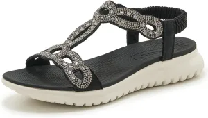 Women's Dressy Rhinestone Open Toe Flat Sandals Lightweight Comfortable Slip On Walking Orthopedic Sandals with Elastic Ankle Strap Summer Casual Bohemian Beach Slides