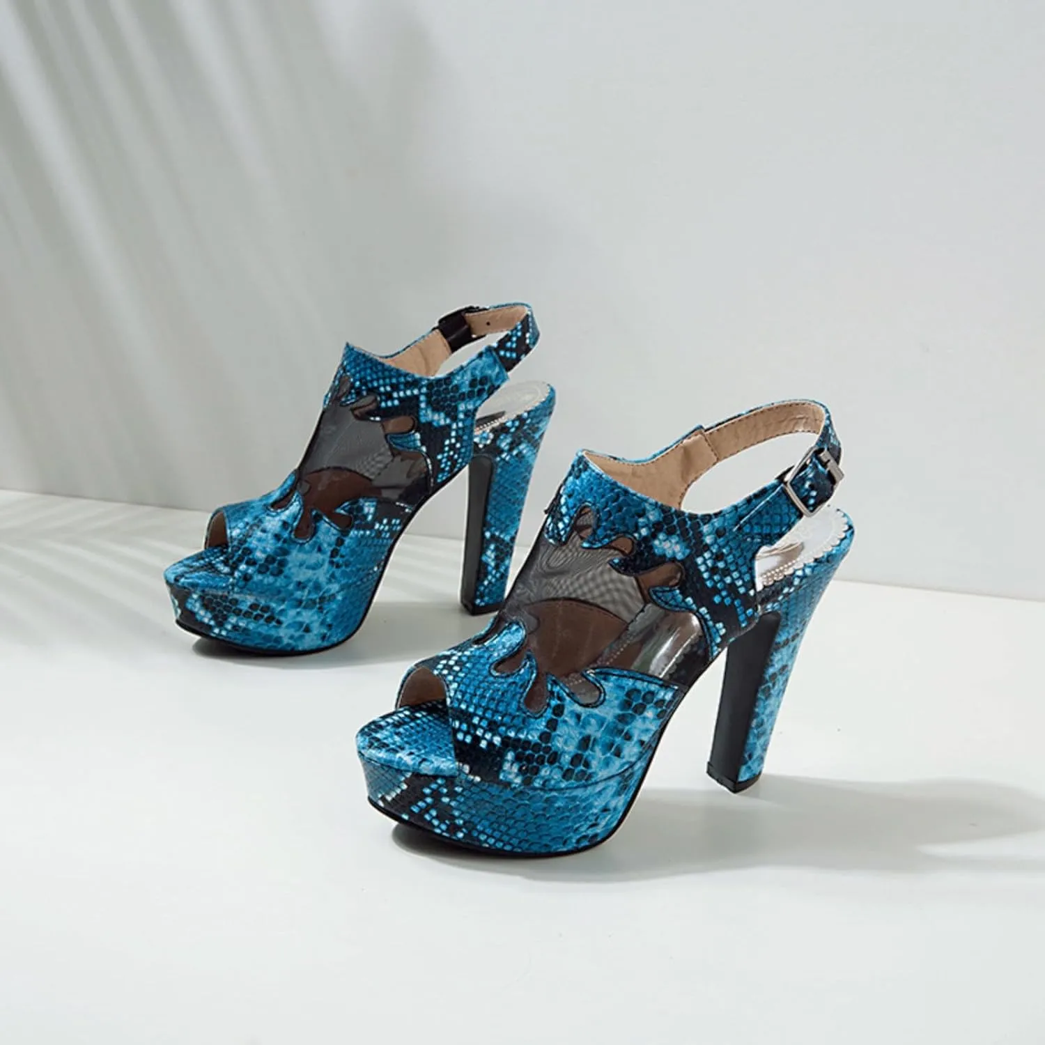 Women's Fashion Snakeskin Print Platform Open Toe Chunky High Heel Sandals Ankle Boots Sexy Patchwork Mesh Breathable Summer Adjustable Buckle Gladiator Roman Sandal Shoes