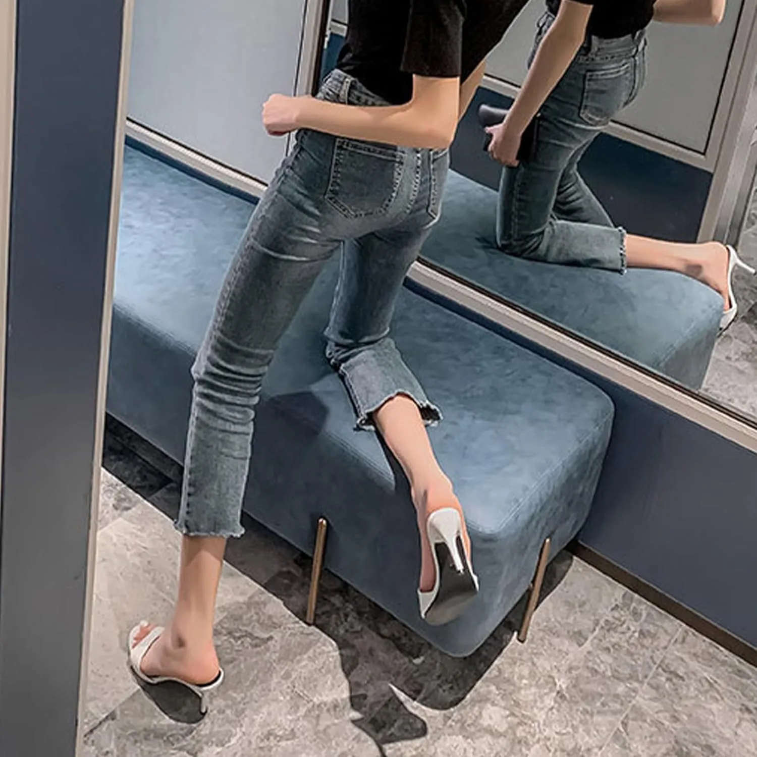 Women's Genuine Leather Stiletto High Heel Slide Sandals Round Open Toe Slip-on Backless Mid Heel Work Office Dress Sandals Daily Sexy Non-Slip Slides