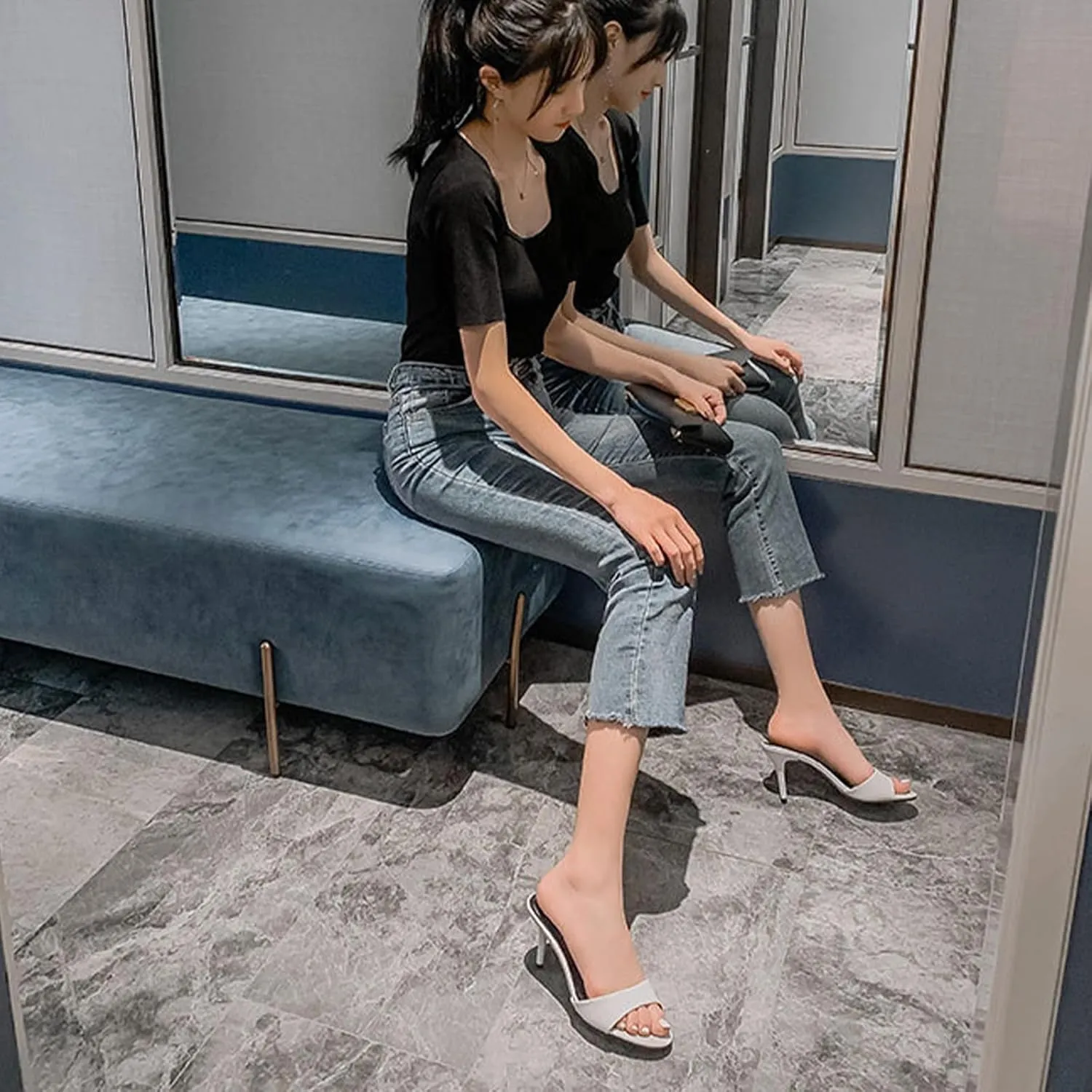Women's Genuine Leather Stiletto High Heel Slide Sandals Round Open Toe Slip-on Backless Mid Heel Work Office Dress Sandals Daily Sexy Non-Slip Slides