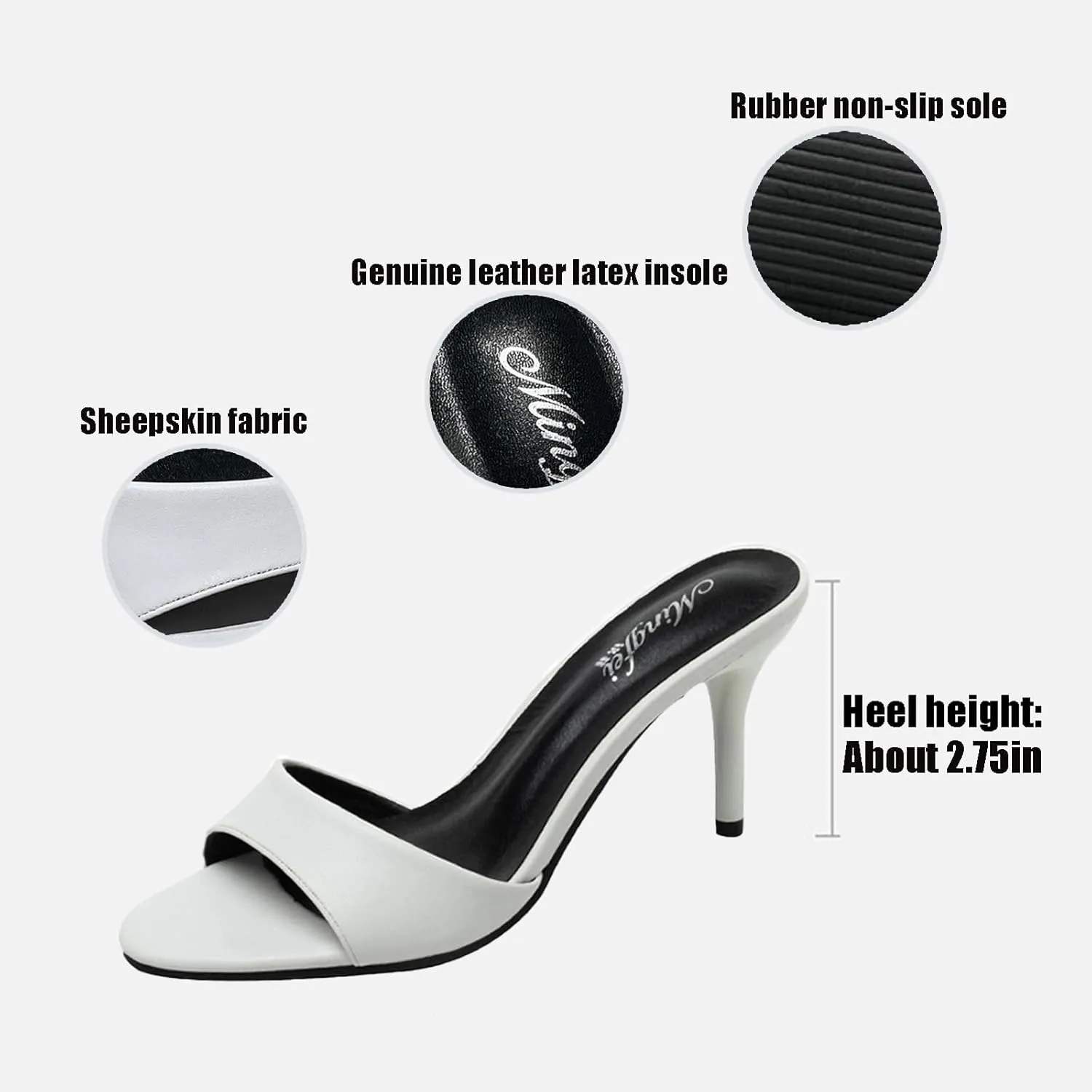 Women's Genuine Leather Stiletto High Heel Slide Sandals Round Open Toe Slip-on Backless Mid Heel Work Office Dress Sandals Daily Sexy Non-Slip Slides