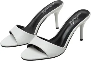 Women's Genuine Leather Stiletto High Heel Slide Sandals Round Open Toe Slip-on Backless Mid Heel Work Office Dress Sandals Daily Sexy Non-Slip Slides