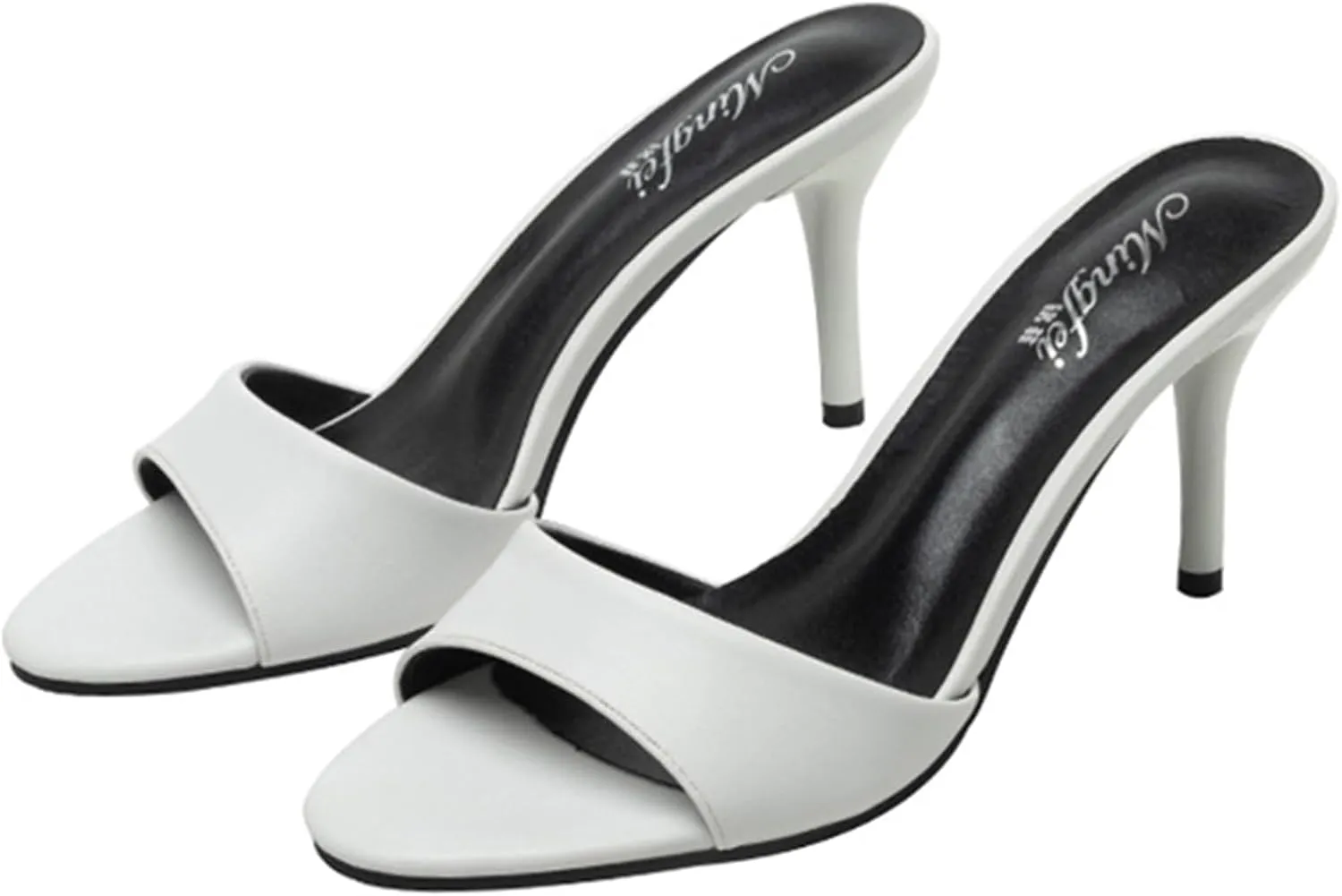 Women's Genuine Leather Stiletto High Heel Slide Sandals Round Open Toe Slip-on Backless Mid Heel Work Office Dress Sandals Daily Sexy Non-Slip Slides