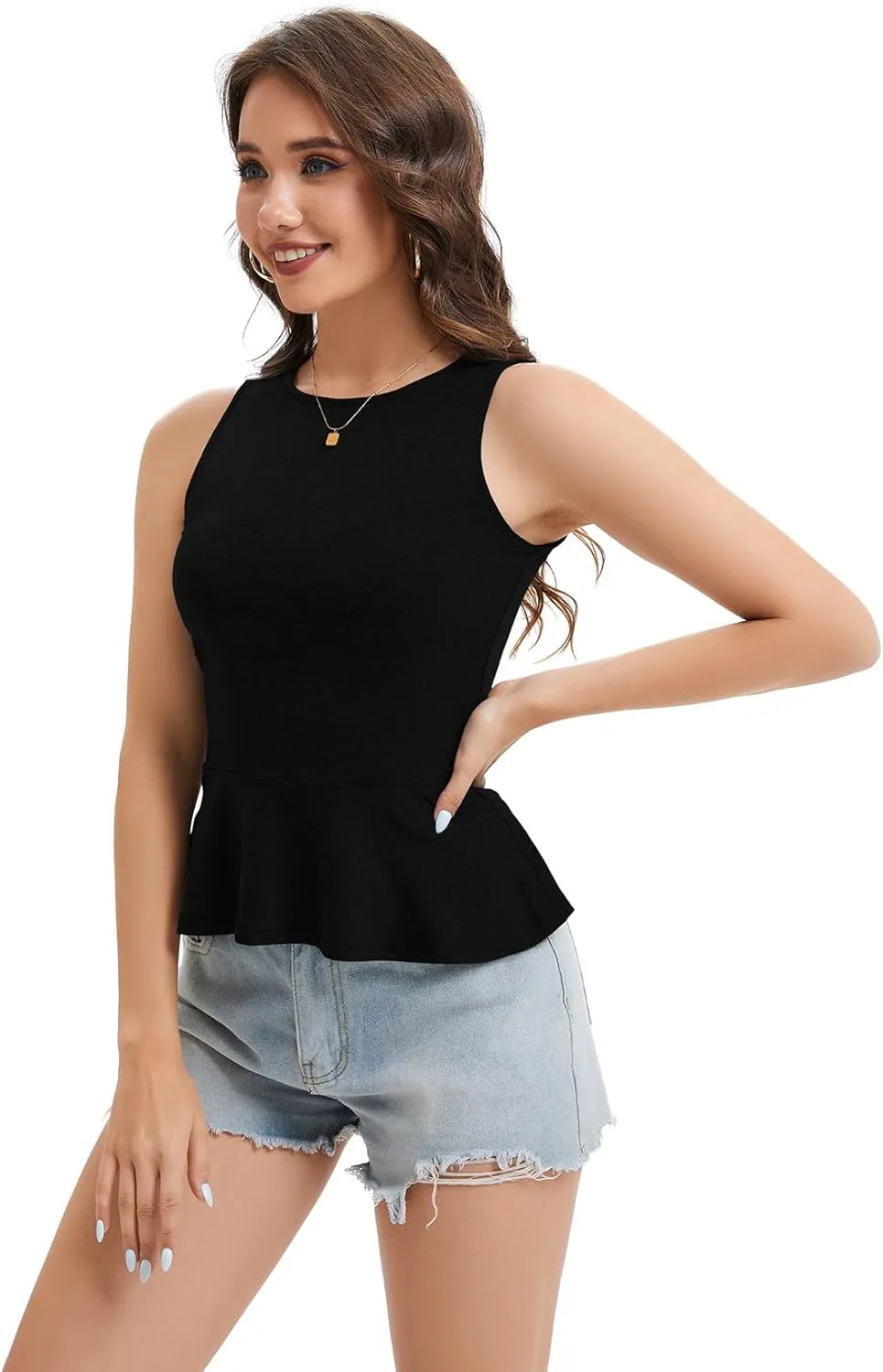 Women's Halter Neck Sleeveless Peplum Tank Top Back Button Ruffle Hem Soft Stretchy Summer Cami Casual Babydoll