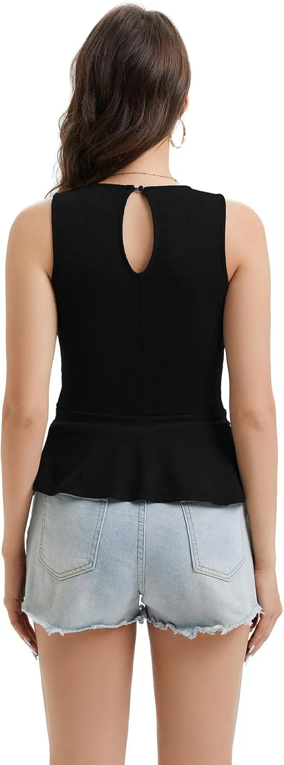 Women's Halter Neck Sleeveless Peplum Tank Top Back Button Ruffle Hem Soft Stretchy Summer Cami Casual Babydoll