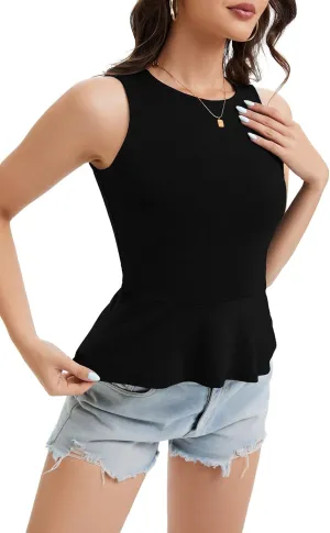 Women's Halter Neck Sleeveless Peplum Tank Top Back Button Ruffle Hem Soft Stretchy Summer Cami Casual Babydoll