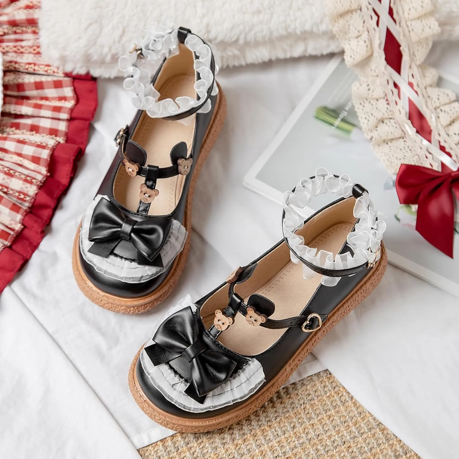 Women's Kawaii Mary Janes Flats, School Cute Mary Jane Shoes, Lolita Low Wedge Platform Heels Pump
