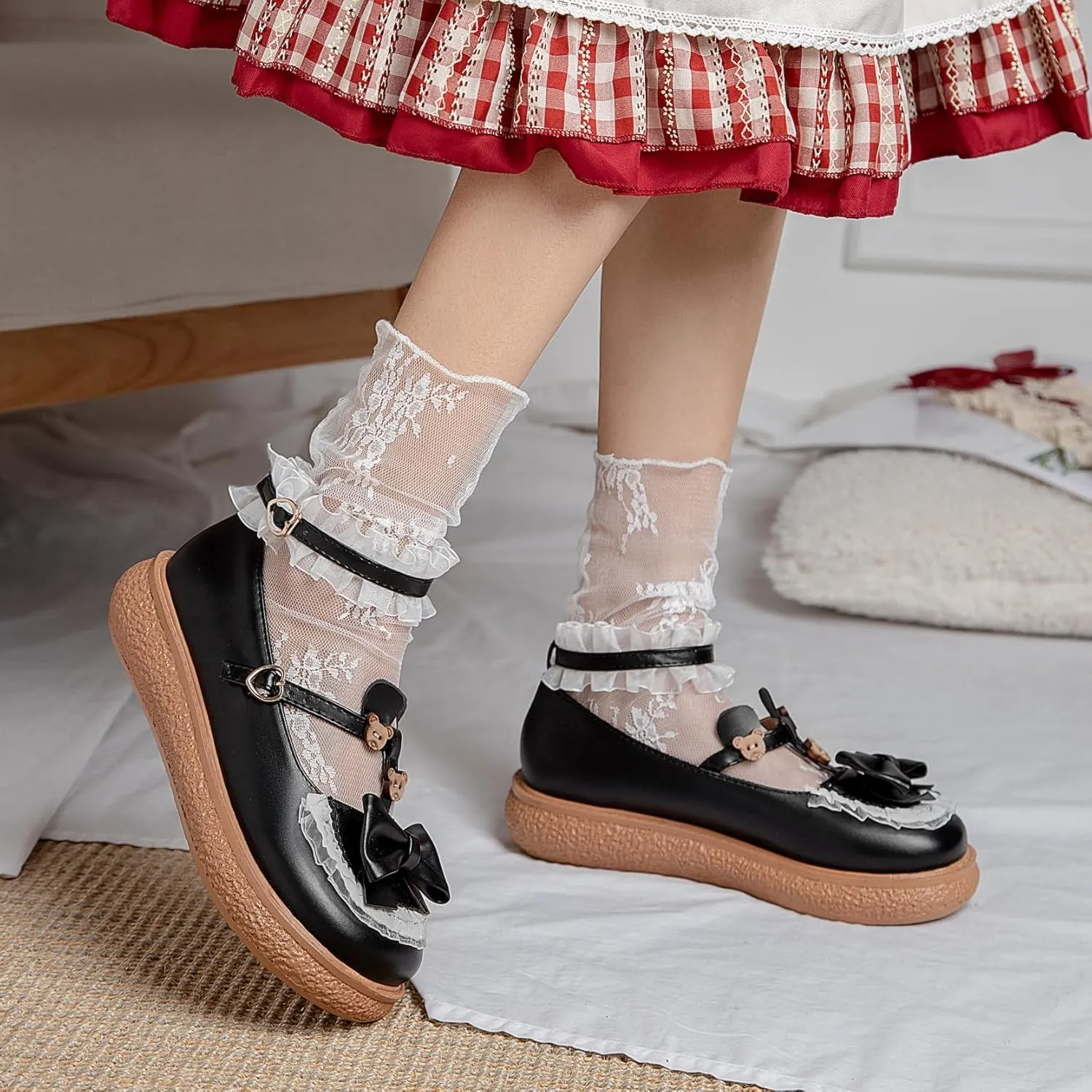 Women's Kawaii Mary Janes Flats, School Cute Mary Jane Shoes, Lolita Low Wedge Platform Heels Pump