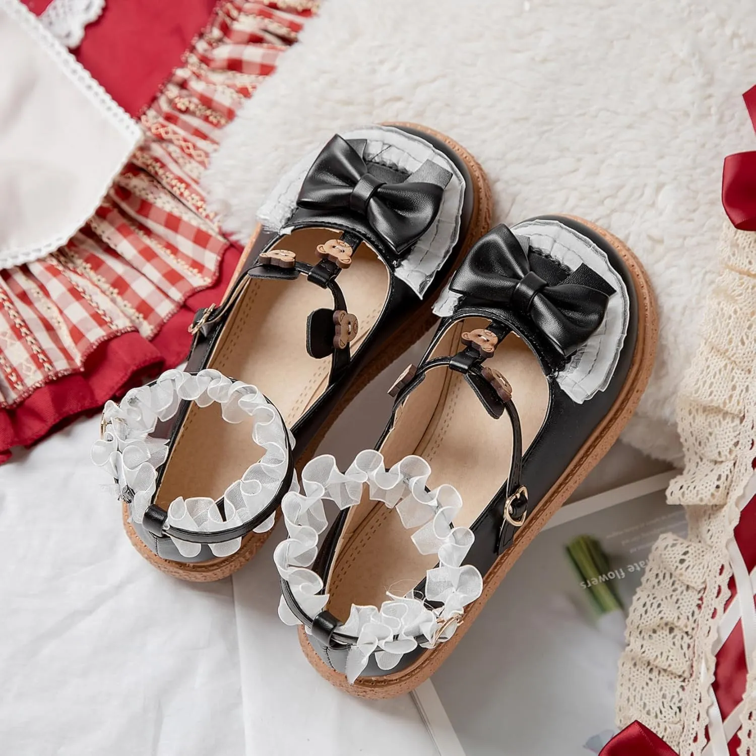 Women's Kawaii Mary Janes Flats, School Cute Mary Jane Shoes, Lolita Low Wedge Platform Heels Pump