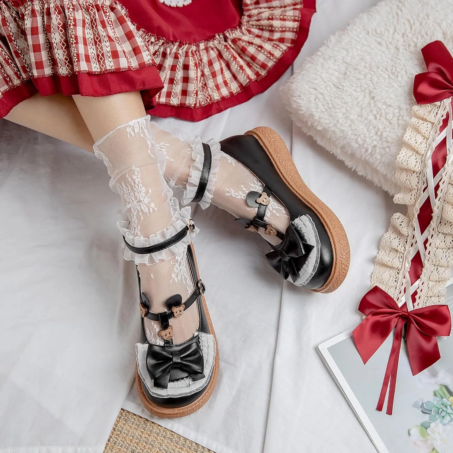 Women's Kawaii Mary Janes Flats, School Cute Mary Jane Shoes, Lolita Low Wedge Platform Heels Pump