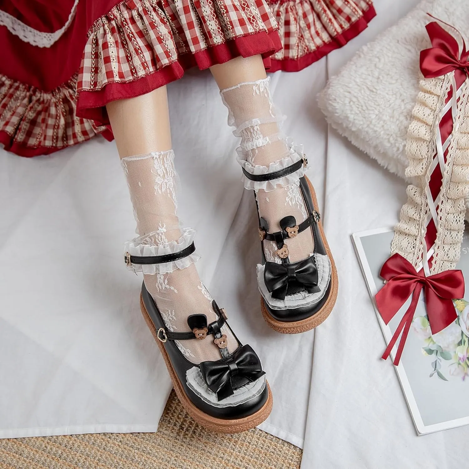 Women's Kawaii Mary Janes Flats, School Cute Mary Jane Shoes, Lolita Low Wedge Platform Heels Pump