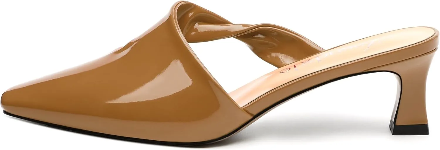 Women's Kitten Heel Mules, Square Toe Patent Low Heel Sandals, Slip On Low Heeled Slippers, Fashion Wedding Dressy Pump Shoes 2 Inch