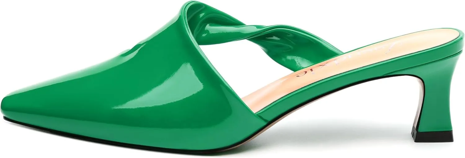 Women's Kitten Heel Mules, Square Toe Patent Low Heel Sandals, Slip On Low Heeled Slippers, Fashion Wedding Dressy Pump Shoes 2 Inch