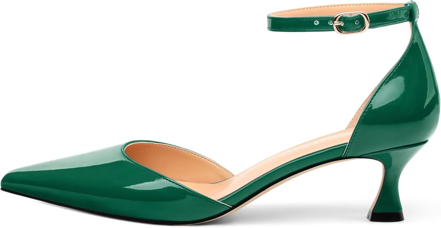 Womens Kitten Low Heels, Ankle Strap Pumps Pointed Closed Toe Heels for Women Dress Shoes Party Office Wedding 2 Inch