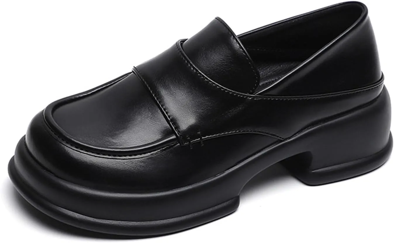 Women's Loafers, Slip-On Comfortable Round Toe Platform Chunky Heel Loafers for Women, Women's Business Casual Shoes (Black,8)