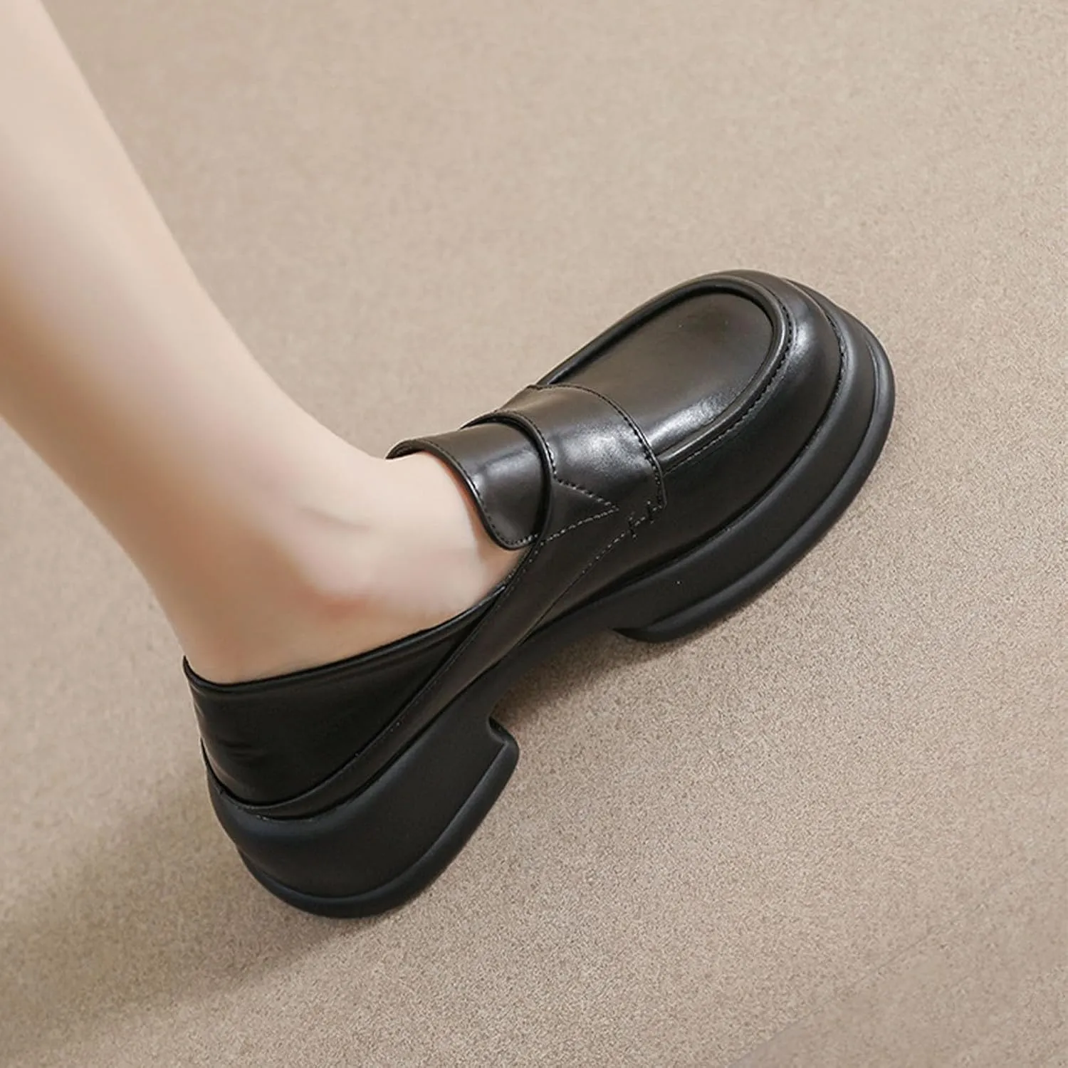 Women's Loafers, Slip-On Comfortable Round Toe Platform Chunky Heel Loafers for Women, Women's Business Casual Shoes (Black,8)